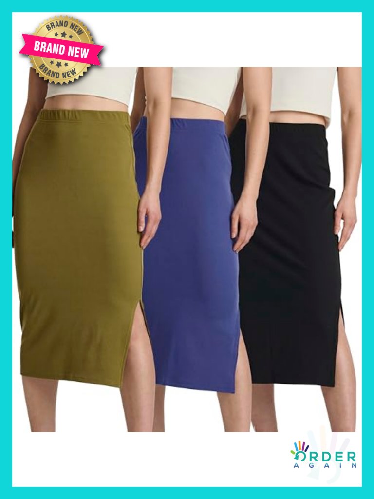 3 Pack Midi Ribbed Knit Skirt With Side Slit - Stretchy Pull-On Pencil Skirts